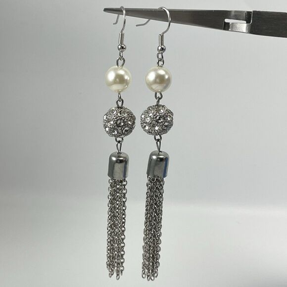 Silver Tone Faux Pearl Chain Tassel Dangle Earrings Fashion Boho Statement - Picture 2 of 7